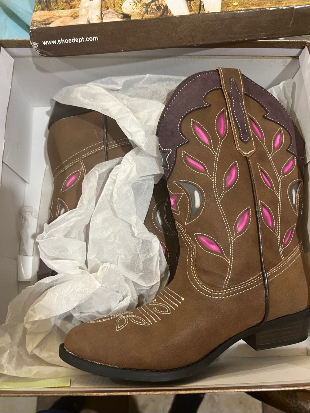 Youth Brown Cowboy Boots with Pink Cutout Accents